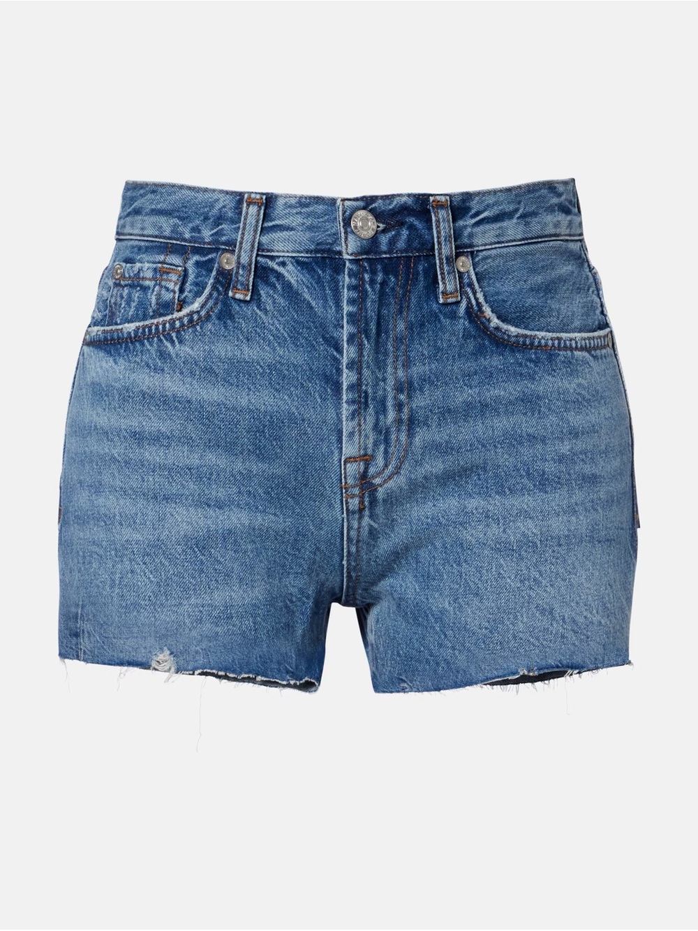 7 Seven Blue High-Rise Raw Hem Denim Weekend Shorts